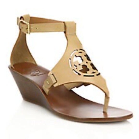 Tory Burch Zoey Wedge in Sand Tan Leather Size 6.5 - Picture 2 of 11